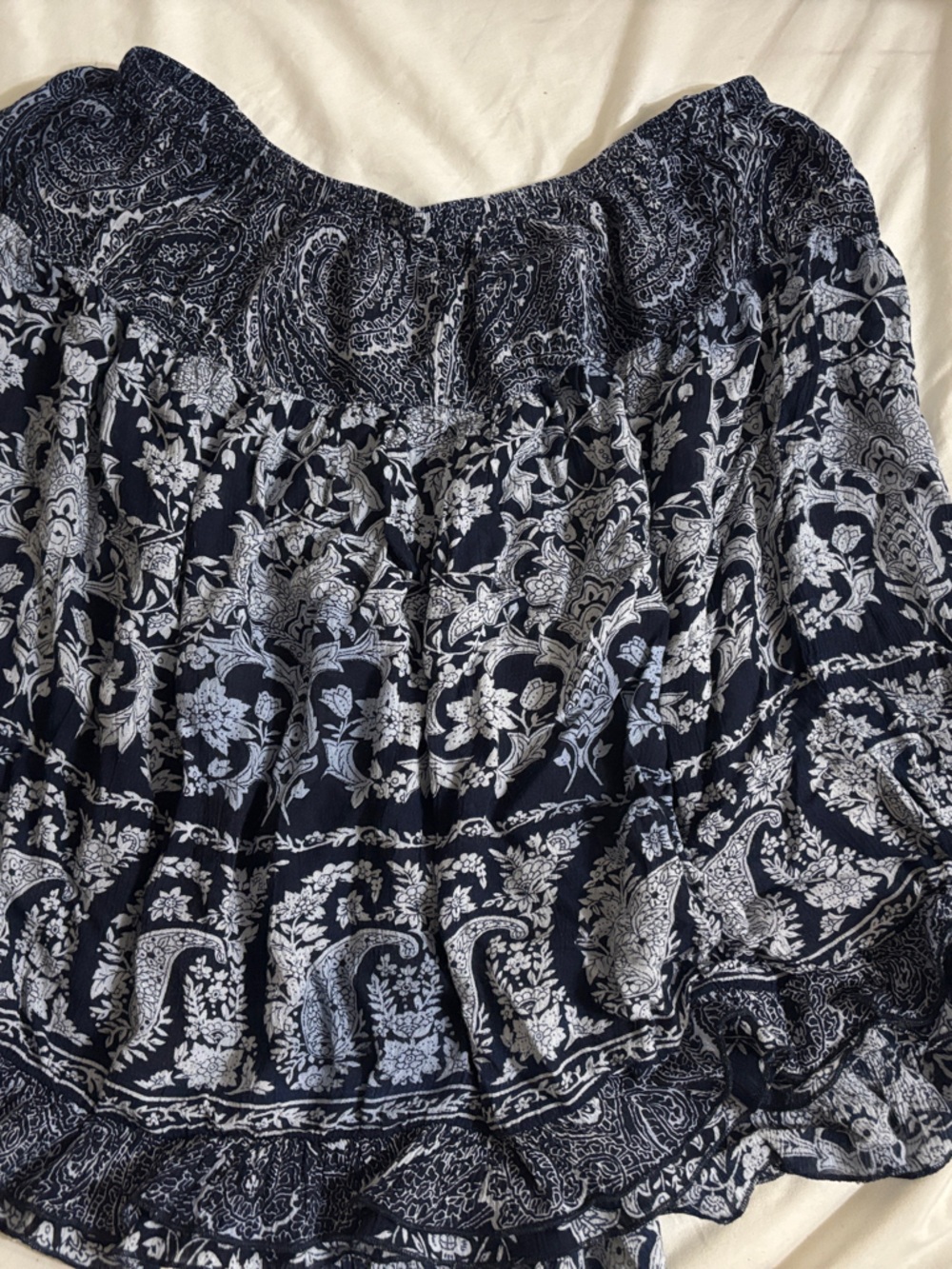 Navy Floral Paisley A-Line Skirt with Smocked elastic Waist floral, ruffle, H